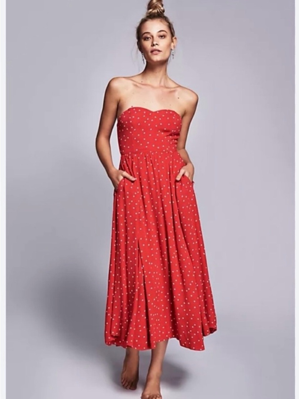Free People Bella Donna Red Polka Dot Strapless Midi Dress Size 6